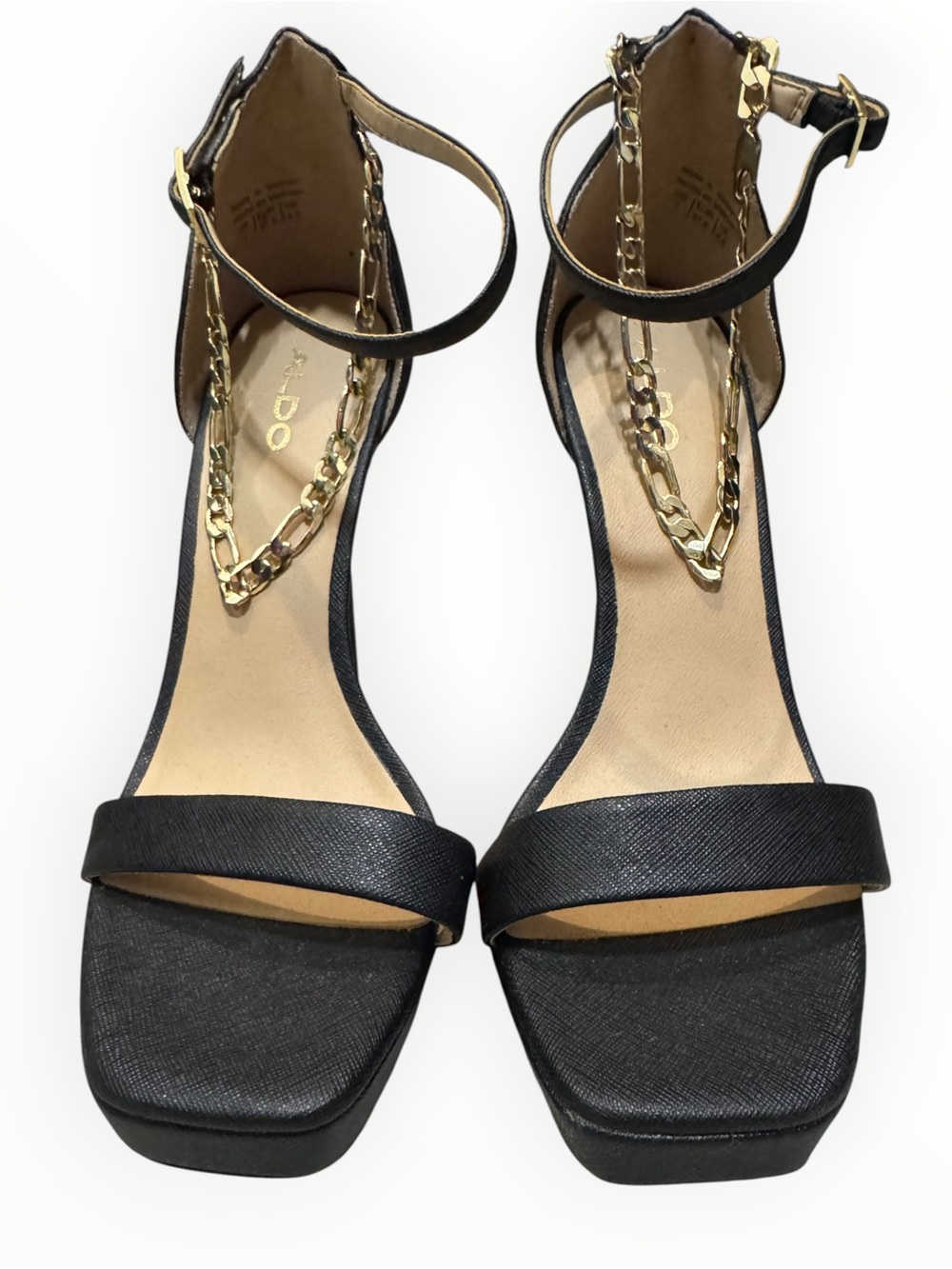 Aldo Black Ankle-Strap Heels with Gold Chain Detail